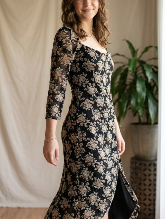Lush Dresses & Skirts - ​LUSH Floral Burnout Velvet Midi Dress S NWT Ruched High-Low Long Sleeve